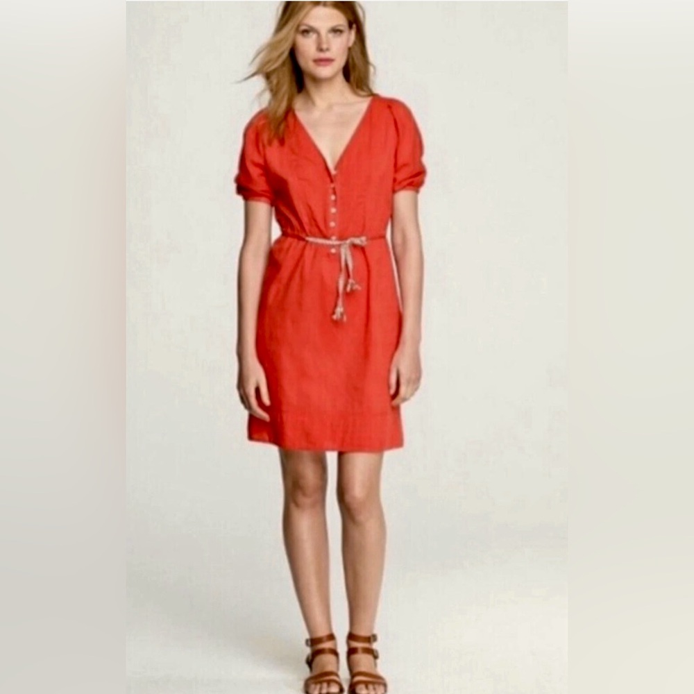 J. Crew Orange Red Wrap Mini Dress Puff Sleeve V-Neck